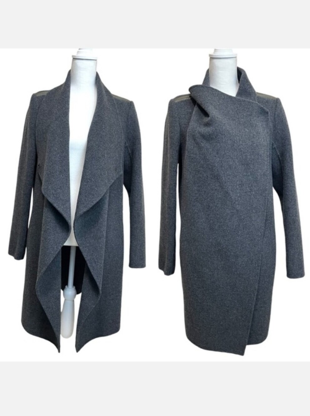 Vince Wool Open / Wrap Coat Leather Accent - Grey